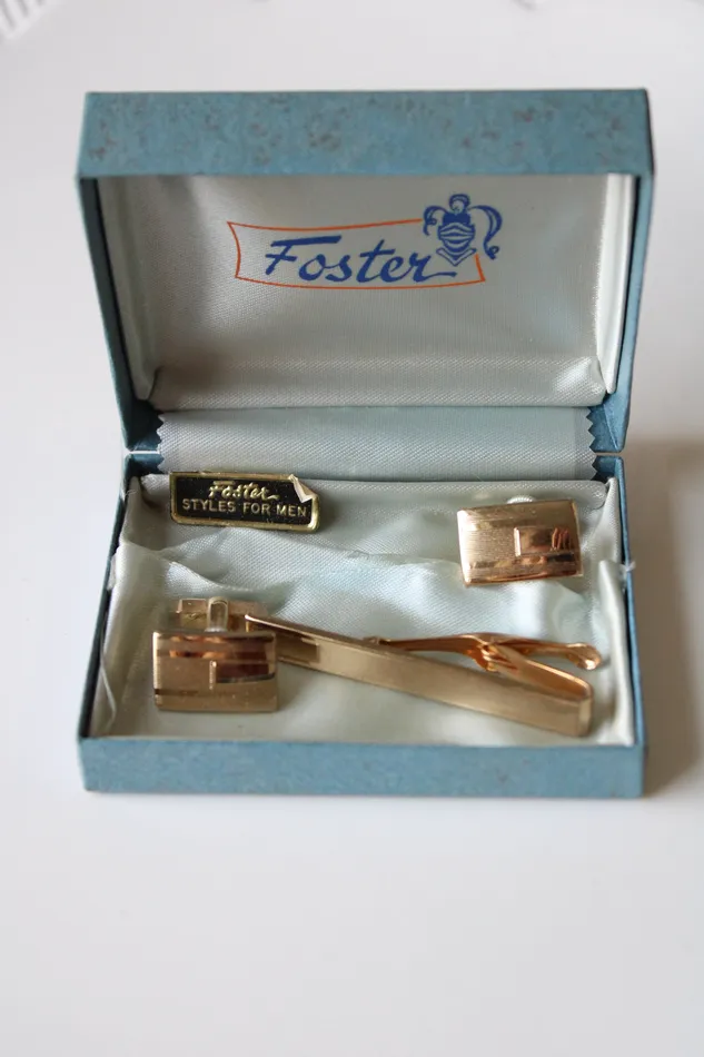 Foster Gold Rectangle Cuff Links Tie Clip Set Foster Earrings