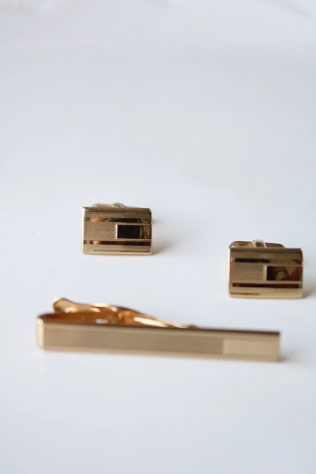 Foster Gold Rectangle Cuff Links Tie Clip Set Foster Earrings