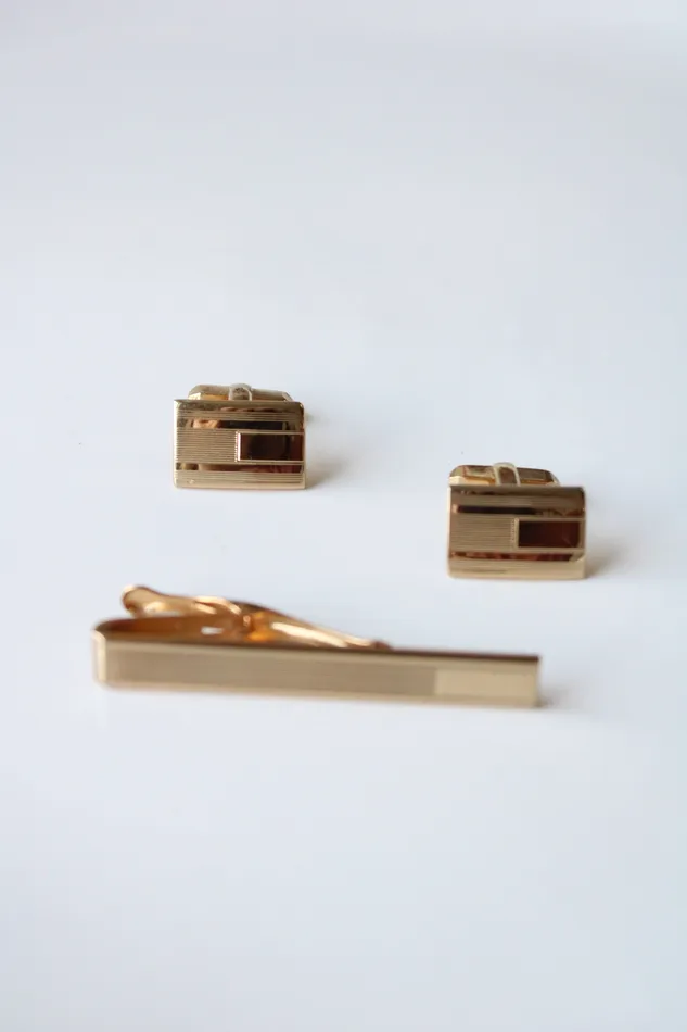Foster Gold Rectangle Cuff Links Tie Clip Set Foster Earrings