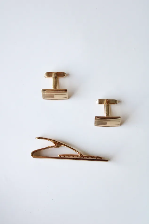 Foster Gold Rectangle Cuff Links Tie Clip Set Foster Earrings
