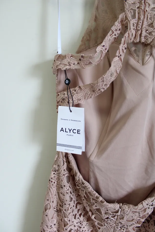 NEW Alyce Paris Rose Taupe Lace Pink Dress 8 Alyce Earrings