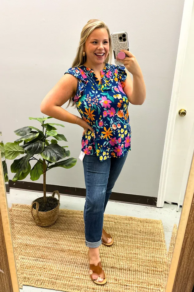 Rings Playful Petals Floral Top Navy Dear Scarlett