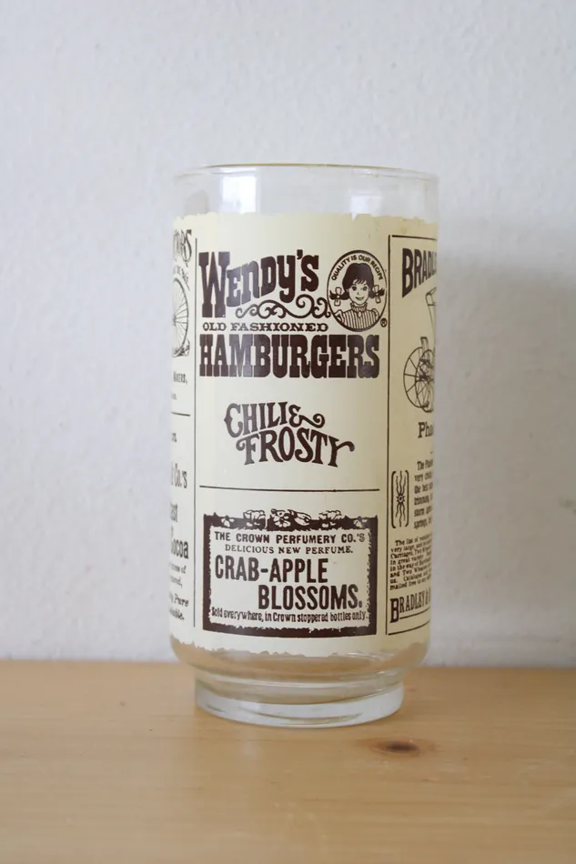 Vintage Wendys Old Fashioned Hamburgers Newsprint Glass Drink Tumbler Jubilee Thrift Earrings