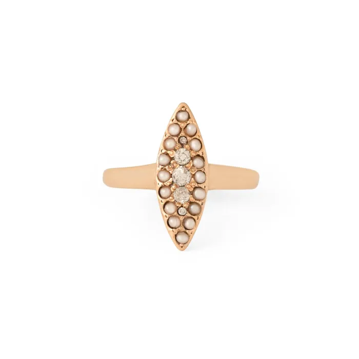 Antique Rings Victorian Pearl Diamond and 10k Rose Gold Navette Ring