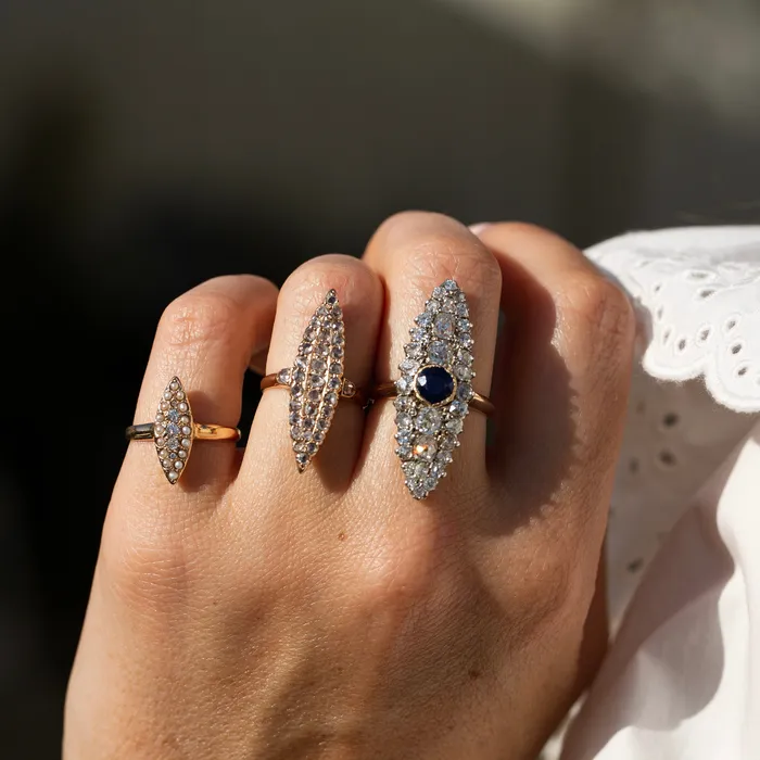 Antique Rings Victorian Pearl Diamond and 10k Rose Gold Navette Ring