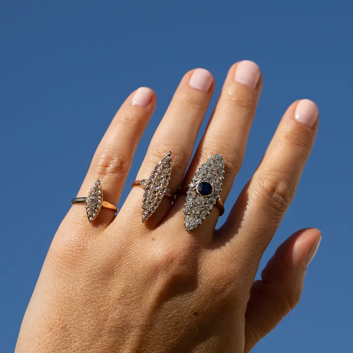 Antique Rings Victorian Pearl Diamond and 10k Rose Gold Navette Ring