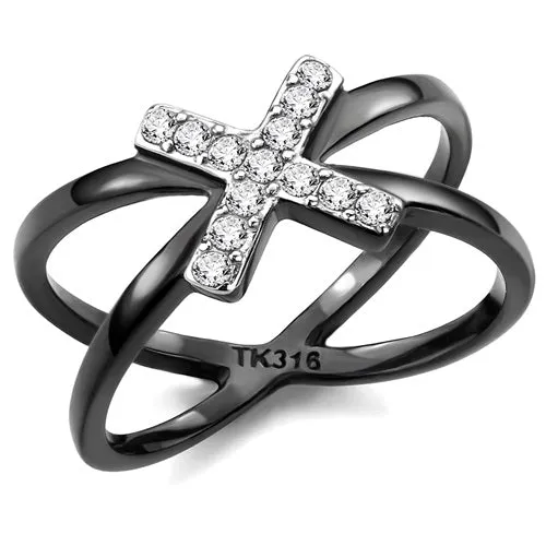 Green Rings CJE3635 Wholesale Womens Stainless Steel TwoTone IP Black AAA Grade CZ Clear X Ring