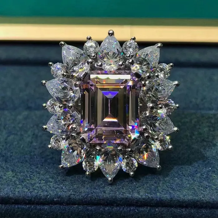 Leyloon Jewelry Rings 5 Carat Pink Emerald Cut Starburst Halo Moissanite Ring Leyloon Jewelry Rings 5 Carat Pink Emerald Cut Starburst Halo Moissanite Ring