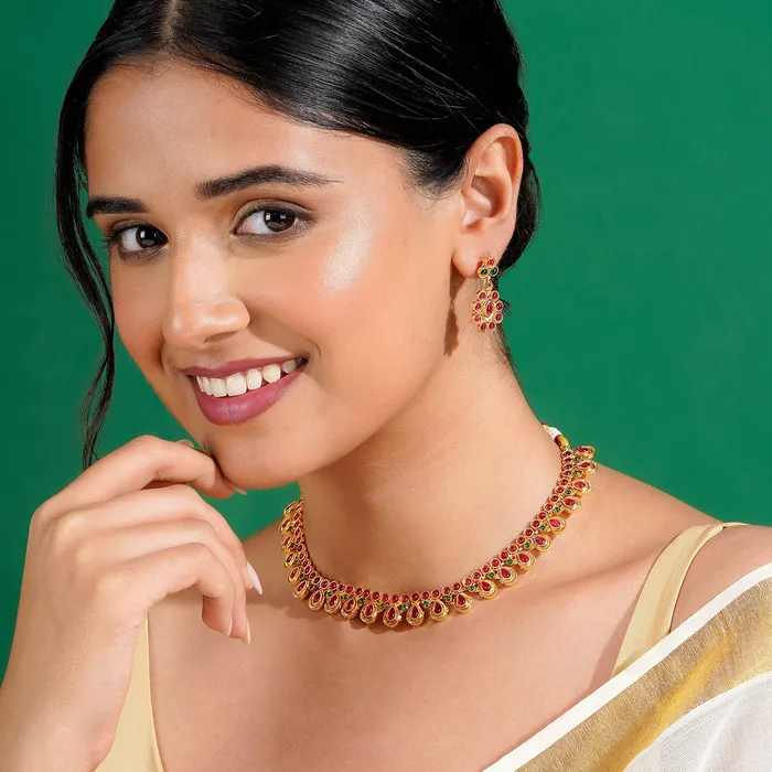 Teejh Teejh Vamiksha Red and Green Ruby Gold Necklace Set Necklaces