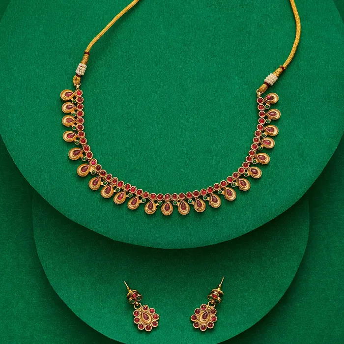 Teejh Teejh Vamiksha Red and Green Ruby Gold Necklace Set Necklaces