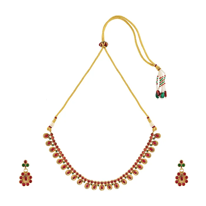 Teejh Teejh Vamiksha Red and Green Ruby Gold Necklace Set Necklaces