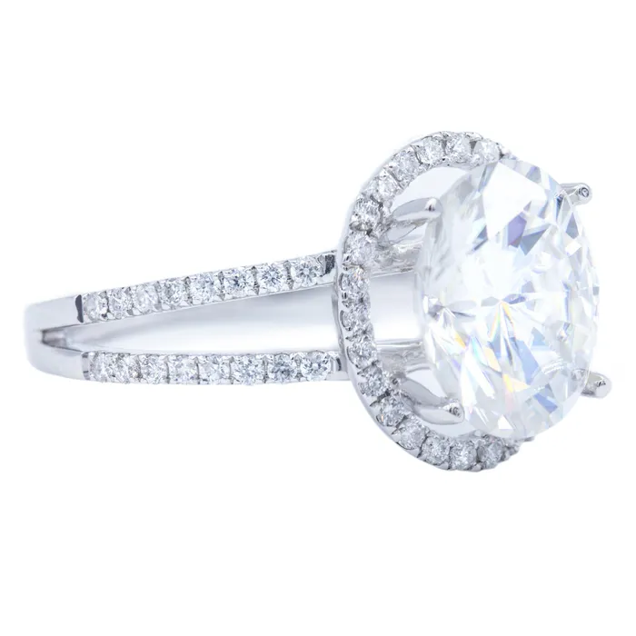 9x7mm Oval Center 4 Prong Diamond Halo Split Shank Ring Fire Brilliance Rings