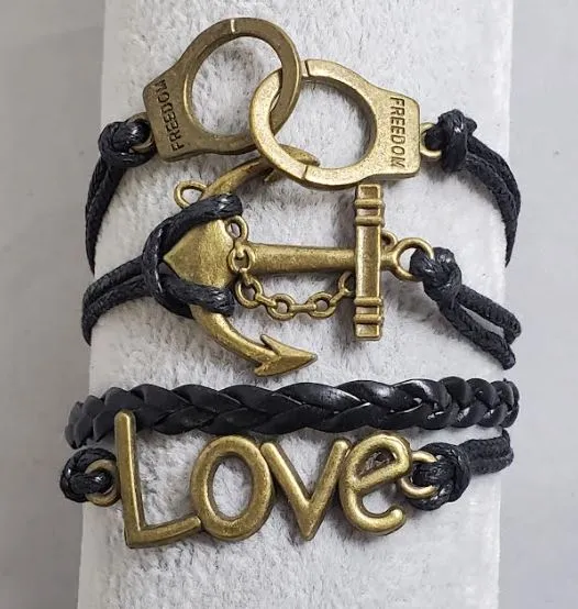 alice Bracelets AZ789 Black Handcuff Anchor Love Infinity Leather Layer Bracelet alice Bracelets AZ789 Black Handcuff Anchor Love Infinity Leather Layer Bracelet