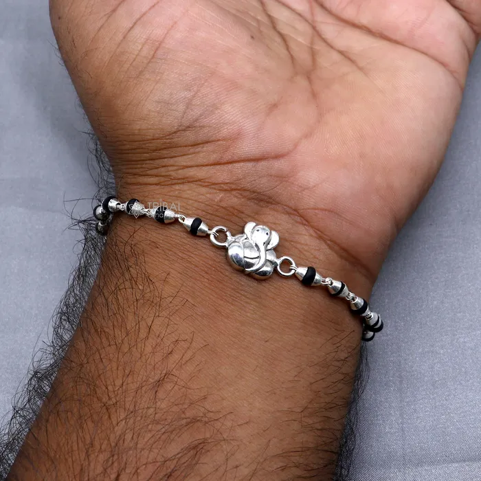 Bracelets TRIBAL ORNAMENTS 925 sterling silver handmade Lord Ganesha holy basil rosary beads Rakhi bracelet black Tulsi beaded bracelet rk391