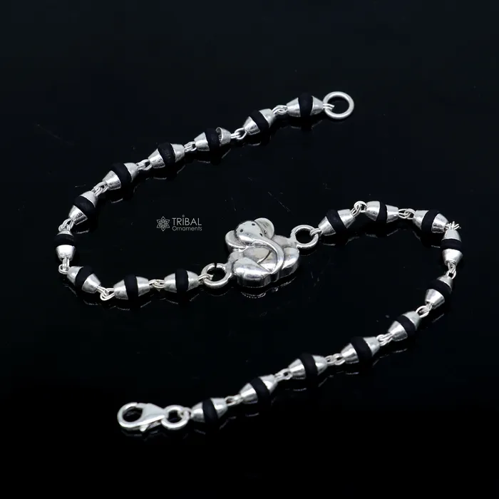 Bracelets TRIBAL ORNAMENTS 925 sterling silver handmade Lord Ganesha holy basil rosary beads Rakhi bracelet black Tulsi beaded bracelet rk391