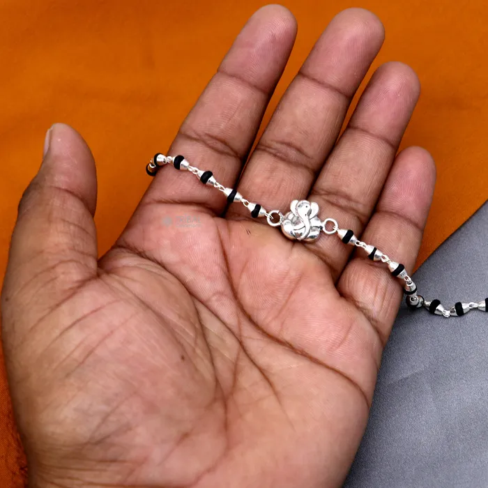 Bracelets TRIBAL ORNAMENTS 925 sterling silver handmade Lord Ganesha holy basil rosary beads Rakhi bracelet black Tulsi beaded bracelet rk391