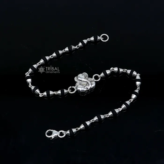 Bracelets TRIBAL ORNAMENTS 925 sterling silver handmade Lord Ganesha holy basil rosary beads Rakhi bracelet black Tulsi beaded bracelet rk391