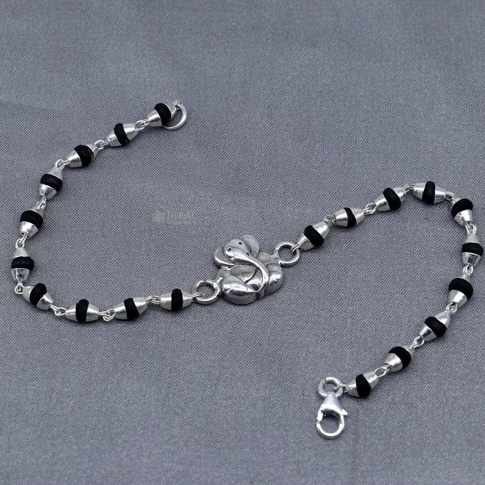 Bracelets TRIBAL ORNAMENTS 925 sterling silver handmade Lord Ganesha holy basil rosary beads Rakhi bracelet black Tulsi beaded bracelet rk391