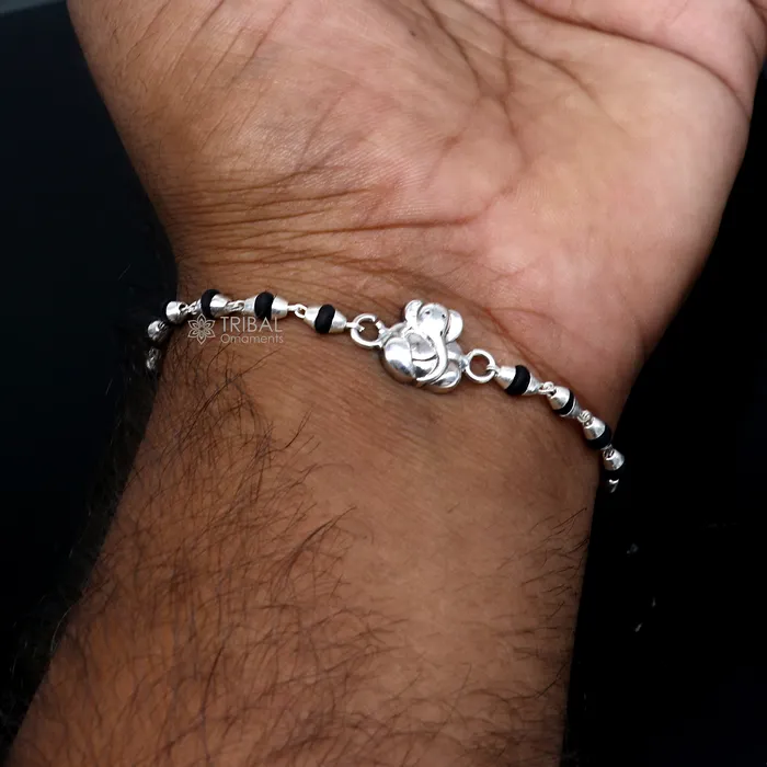 Bracelets TRIBAL ORNAMENTS 925 sterling silver handmade Lord Ganesha holy basil rosary beads Rakhi bracelet black Tulsi beaded bracelet rk391