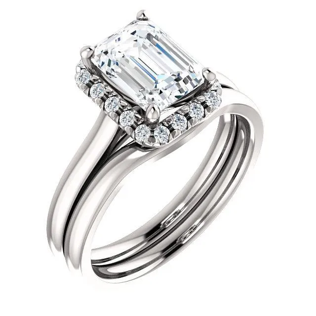 Fire Brilliance Rings Emerald Moissanite Diamond Accent Ice Halo FrenchSet Ring