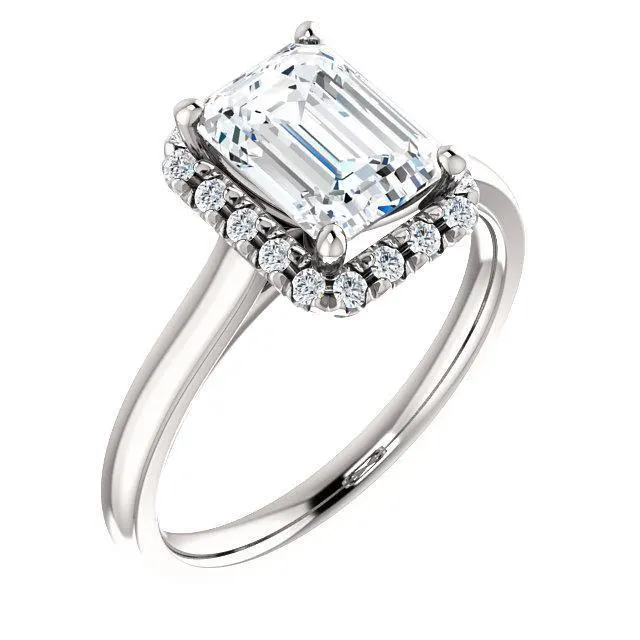 Fire Brilliance Rings Emerald Moissanite Diamond Accent Ice Halo FrenchSet Ring