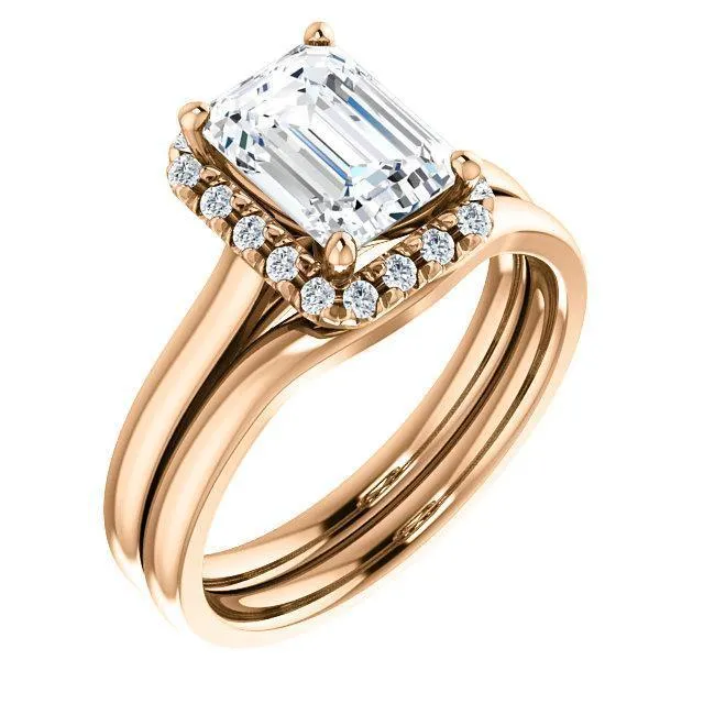 Fire Brilliance Rings Emerald Moissanite Diamond Accent Ice Halo FrenchSet Ring