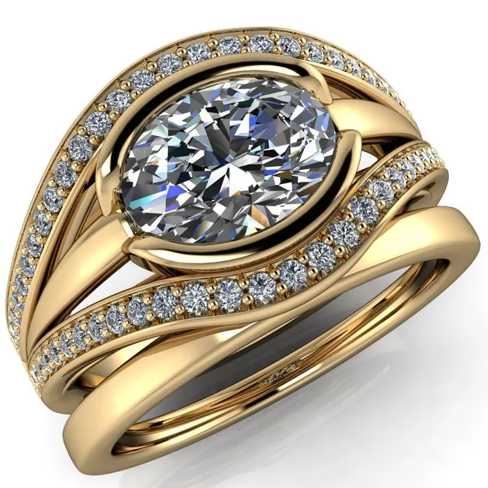 Fire Brilliance Rings Tiramisu Oval Center Stone Split Shank Diamond Half Bezel Channel Ring