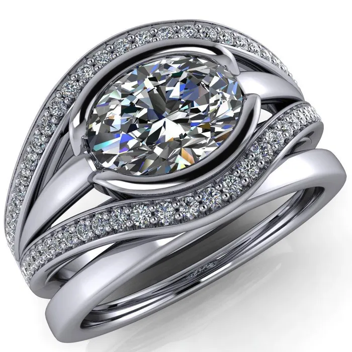 Fire Brilliance Rings Tiramisu Oval Center Stone Split Shank Diamond Half Bezel Channel Ring