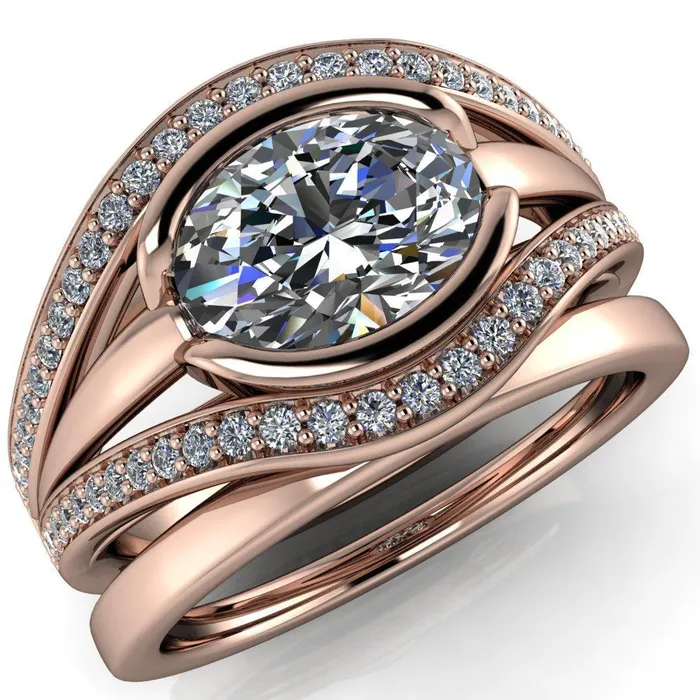 Fire Brilliance Rings Tiramisu Oval Center Stone Split Shank Diamond Half Bezel Channel Ring