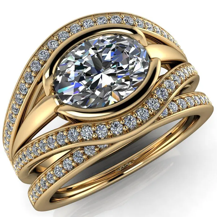 Fire Brilliance Rings Tiramisu Oval Center Stone Split Shank Diamond Half Bezel Channel Ring