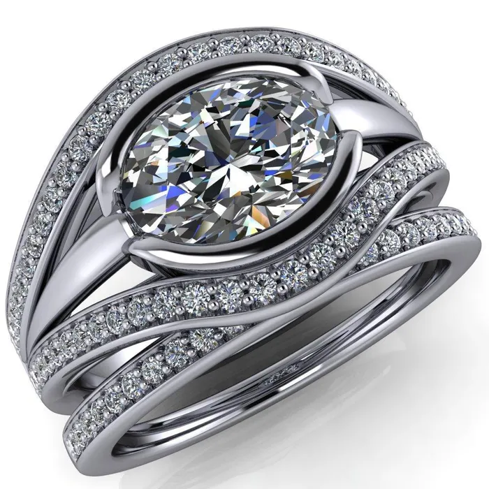 Fire Brilliance Rings Tiramisu Oval Center Stone Split Shank Diamond Half Bezel Channel Ring