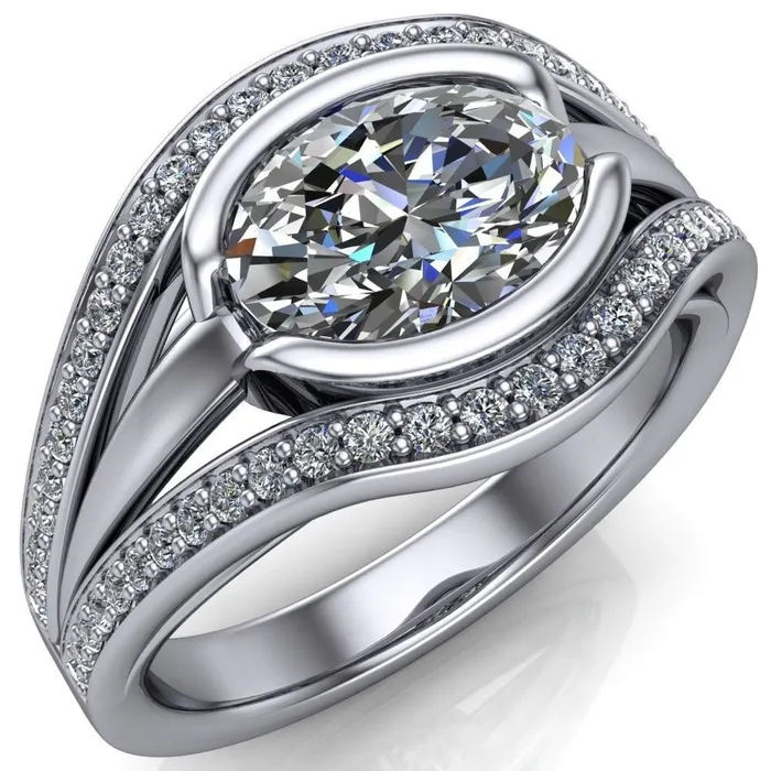 Fire Brilliance Rings Tiramisu Oval Center Stone Split Shank Diamond Half Bezel Channel Ring