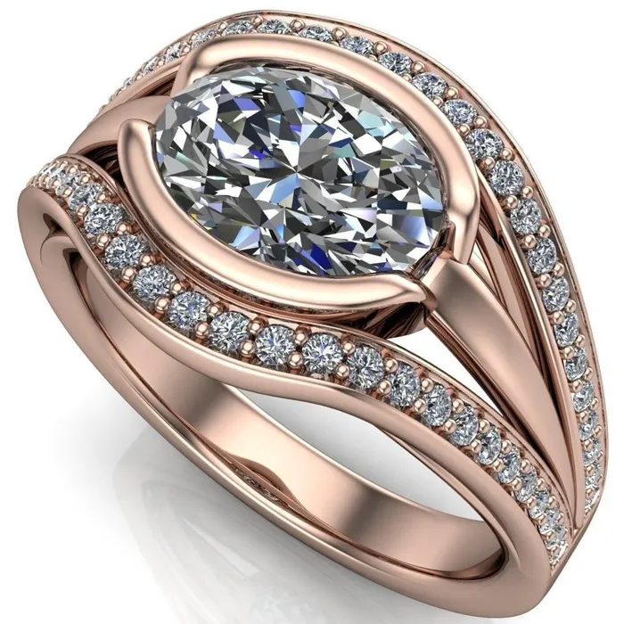 Fire Brilliance Rings Tiramisu Oval Center Stone Split Shank Diamond Half Bezel Channel Ring