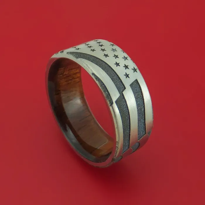 Lashbrook Rings Titanium Ring with LaserEtched American Flag Inlay and Interior Hardwood Sleeve Custom Made Band Lashbrook Rings Titanium Ring with LaserEtched American Flag Inlay and Interior Hardwood Sleeve Custom Made Band