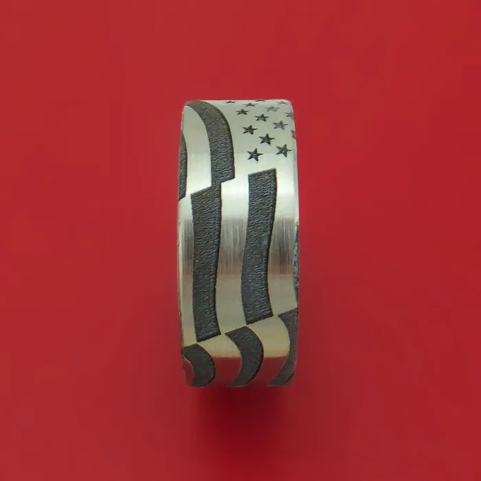 Lashbrook Rings Titanium Ring with LaserEtched American Flag Inlay and Interior Hardwood Sleeve Custom Made Band Lashbrook Rings Titanium Ring with LaserEtched American Flag Inlay and Interior Hardwood Sleeve Custom Made Band
