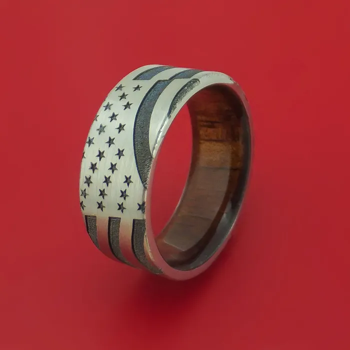 Lashbrook Rings Titanium Ring with LaserEtched American Flag Inlay and Interior Hardwood Sleeve Custom Made Band Lashbrook Rings Titanium Ring with LaserEtched American Flag Inlay and Interior Hardwood Sleeve Custom Made Band