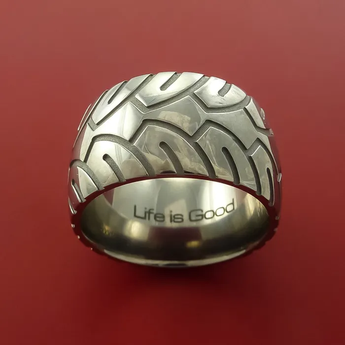 Lashbrook Rings Wide Titanium Ring with Motorcycle Tire Tread Pattern Inlay Custom Made Band Lashbrook Rings Wide Titanium Ring with Motorcycle Tire Tread Pattern Inlay Custom Made Band