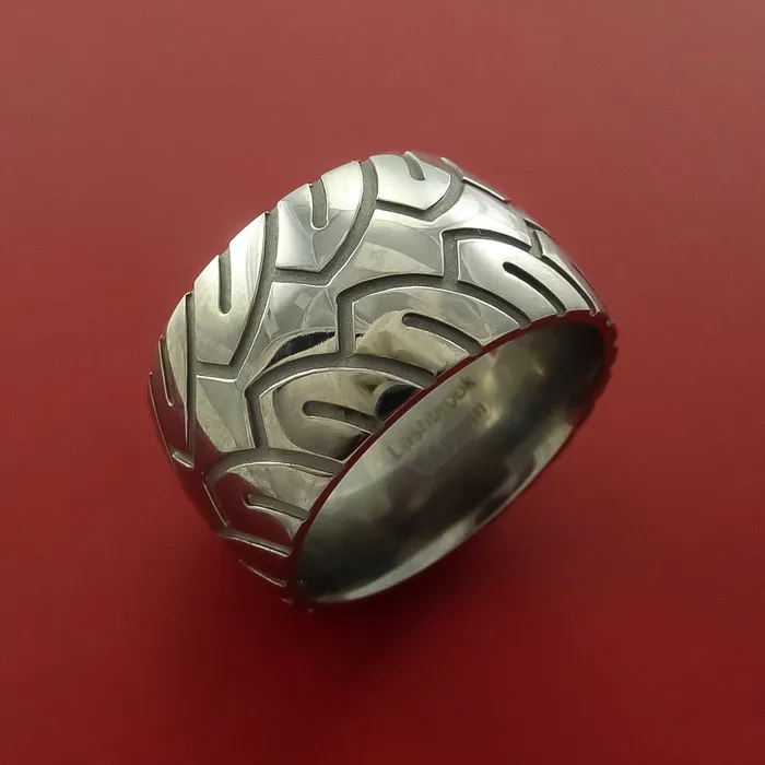 Lashbrook Rings Wide Titanium Ring with Motorcycle Tire Tread Pattern Inlay Custom Made Band Lashbrook Rings Wide Titanium Ring with Motorcycle Tire Tread Pattern Inlay Custom Made Band