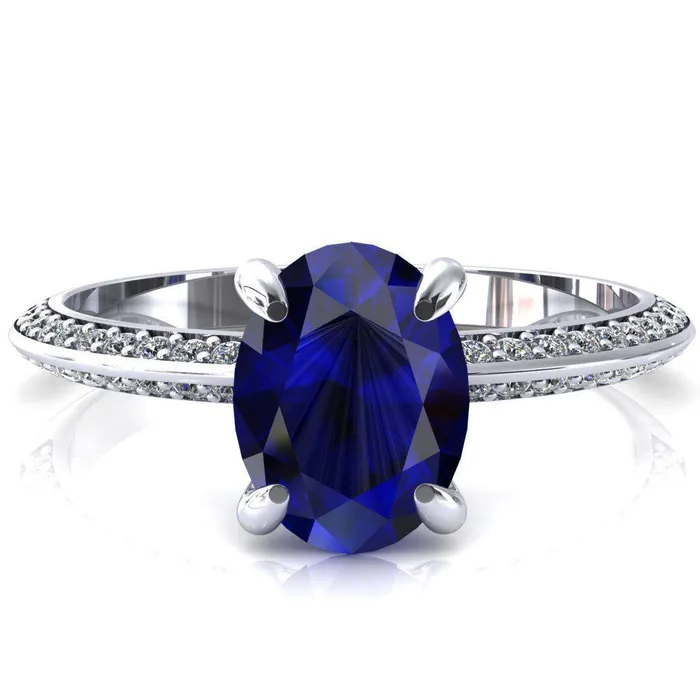 Nancy Oval Blue Sapphire 4 Prong 12 Eternity Diamond Knife Shank Accent Engagement Ring Fire Brilliance Rings Nancy Oval Blue Sapphire 4 Prong 12 Eternity Diamond Knife Shank Accent Engagement Ring Fire Brilliance Rings