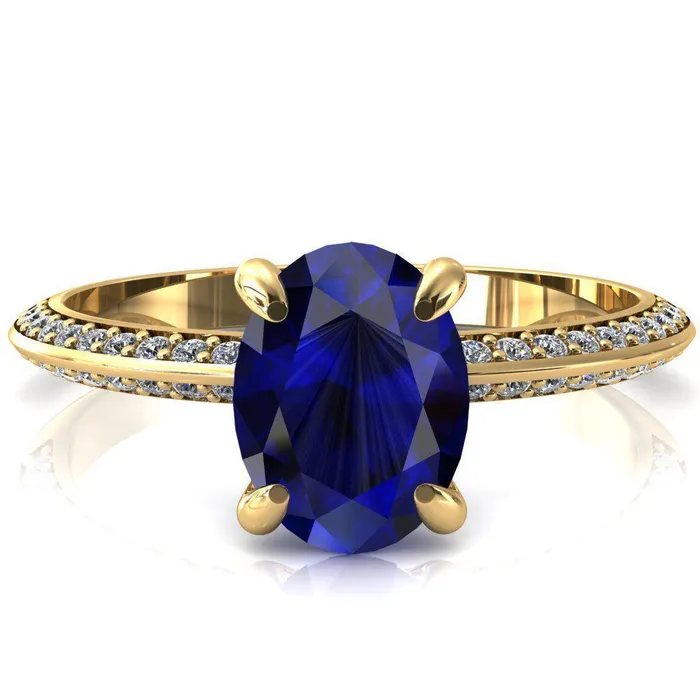 Nancy Oval Blue Sapphire 4 Prong 12 Eternity Diamond Knife Shank Accent Engagement Ring Fire Brilliance Rings