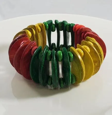 Polly Bracelets B442 Red Green Yellow Wooden Disk Bead Bracelet