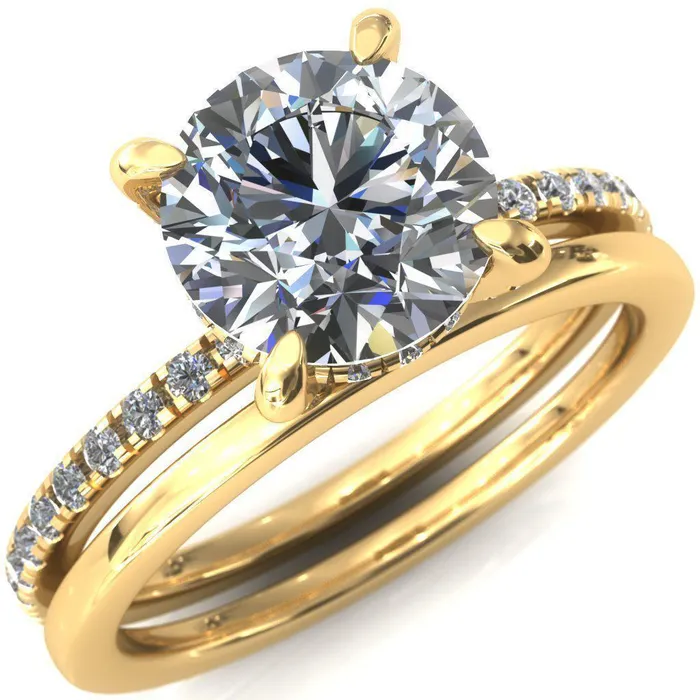 Rings Ezili Round Center Stone 4 Claw Prong Micro Pave Diamond Sides Engagement Ring Fire Brilliance 