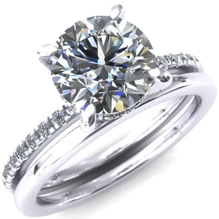 Rings Ezili Round Center Stone 4 Claw Prong Micro Pave Diamond Sides Engagement Ring Fire Brilliance 