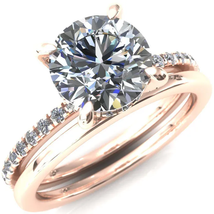 Rings Ezili Round Center Stone 4 Claw Prong Micro Pave Diamond Sides Engagement Ring Fire Brilliance 
