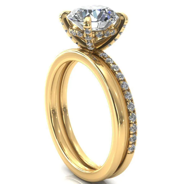 Rings Ezili Round Center Stone 4 Claw Prong Micro Pave Diamond Sides Engagement Ring Fire Brilliance 