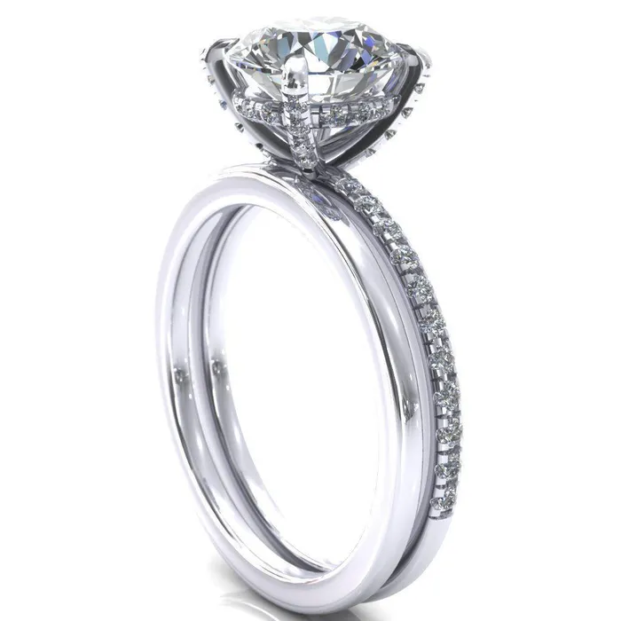 Rings Ezili Round Center Stone 4 Claw Prong Micro Pave Diamond Sides Engagement Ring Fire Brilliance 