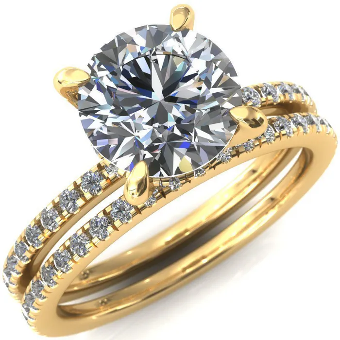 Rings Ezili Round Center Stone 4 Claw Prong Micro Pave Diamond Sides Engagement Ring Fire Brilliance 