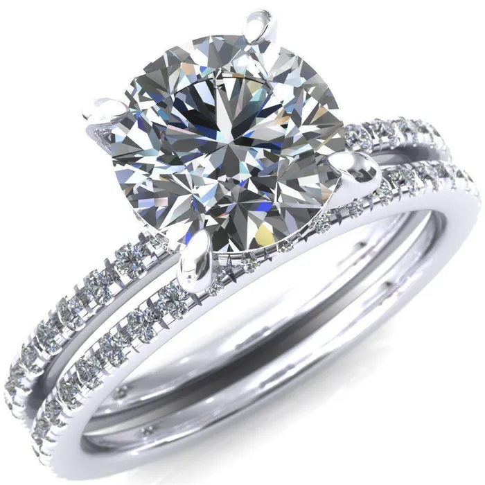 Rings Ezili Round Center Stone 4 Claw Prong Micro Pave Diamond Sides Engagement Ring Fire Brilliance 