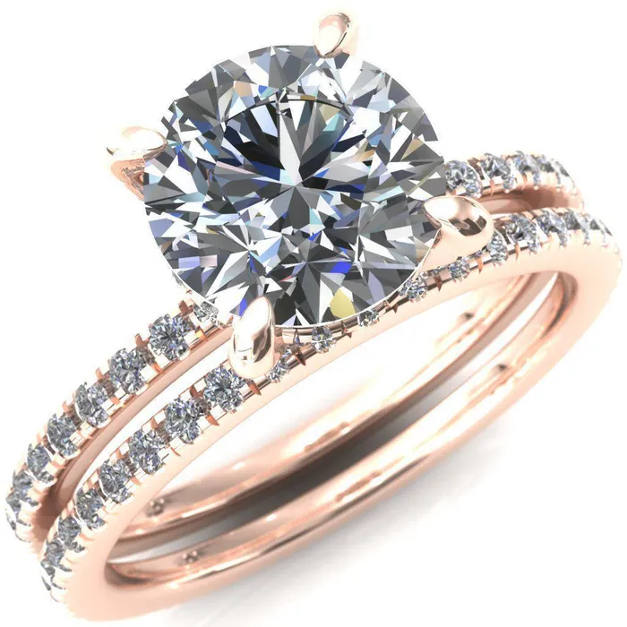 Rings Ezili Round Center Stone 4 Claw Prong Micro Pave Diamond Sides Engagement Ring Fire Brilliance 