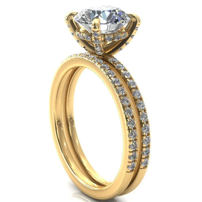 Rings Ezili Round Center Stone 4 Claw Prong Micro Pave Diamond Sides Engagement Ring Fire Brilliance 